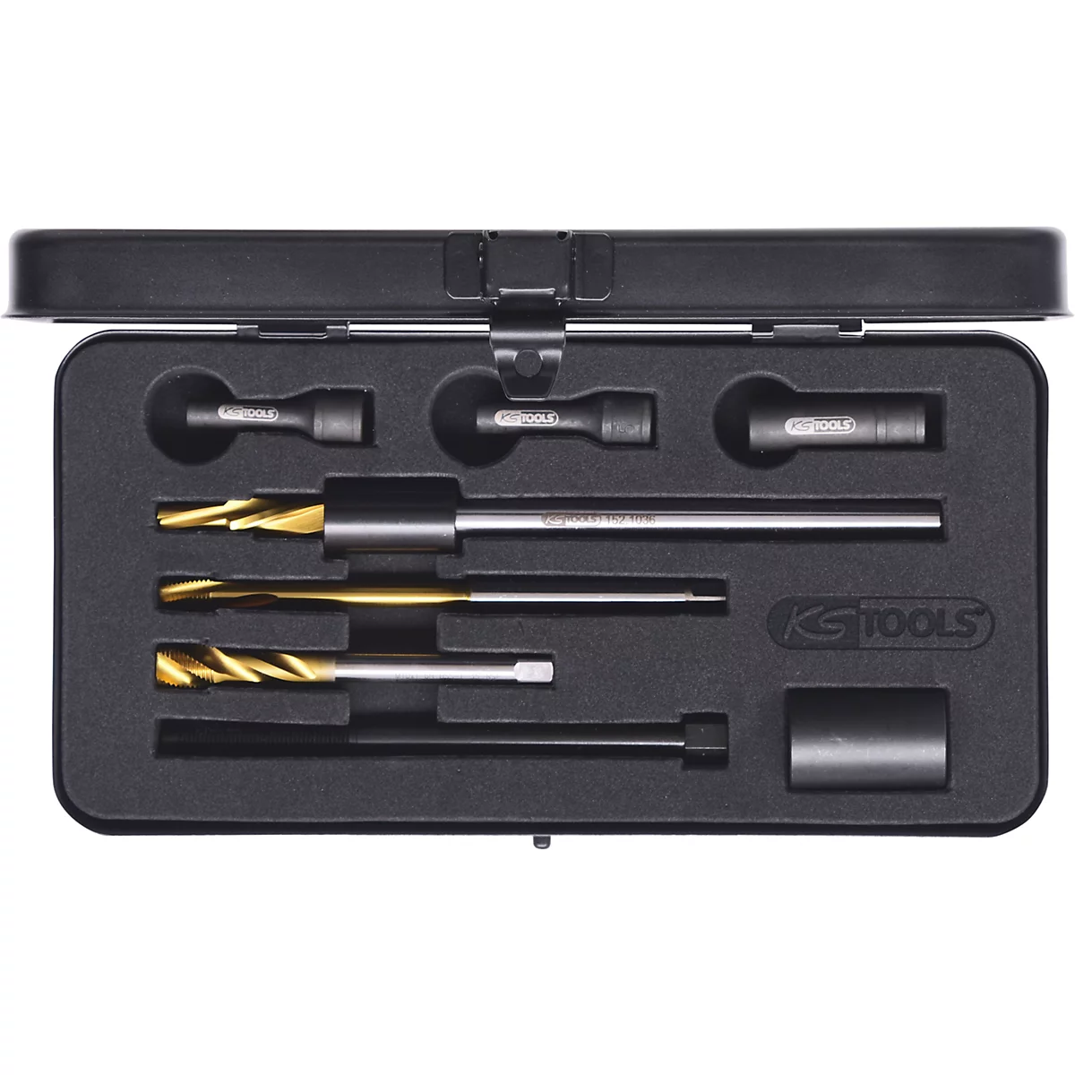 Werkzeugkoffer mit verschiedenen Bohrern und Adaptern, KS Tools Logo.